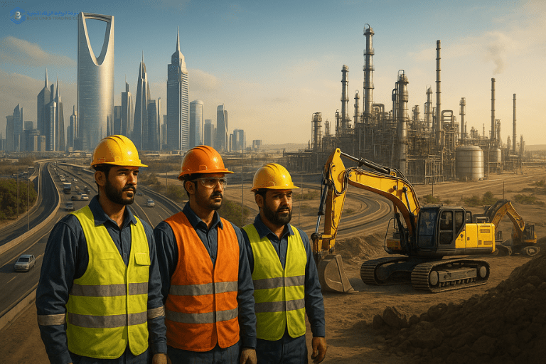 Three workers in safety vests and helmets standing at a construction site with oil refinery and Riyadh skyline in the background.
