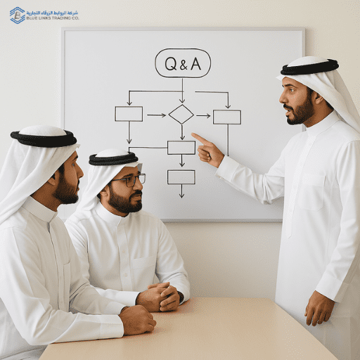 مهندسون سعوديون يناقشون مخططًا على سبورة.