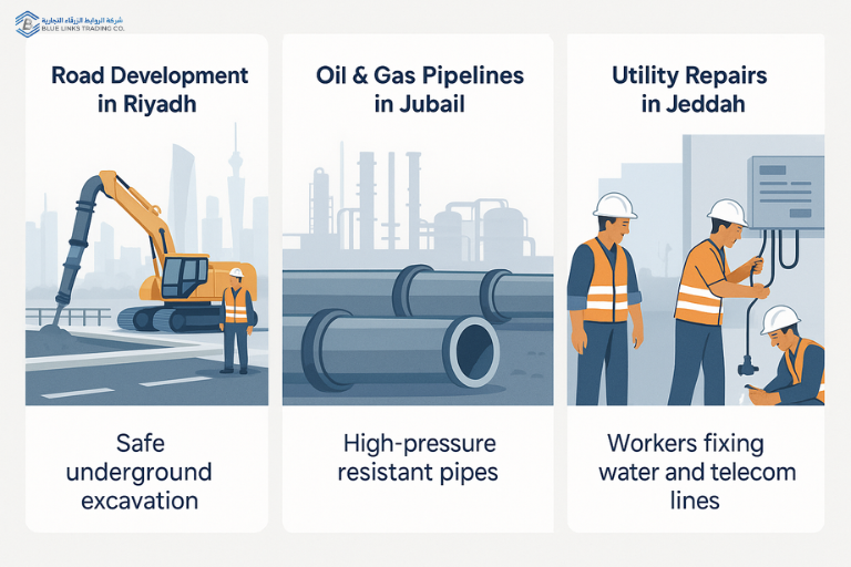 Infographic with three panels showing case studies in Riyadh, Jubail, and Jeddah with visual illustrations and captions.