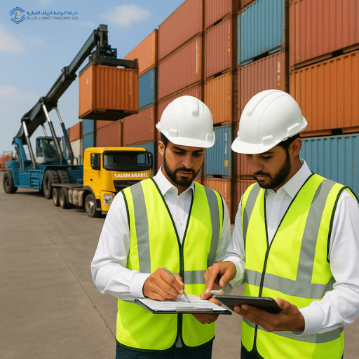 مهندسان يتفقدان عمليات الشحن في الميناء.