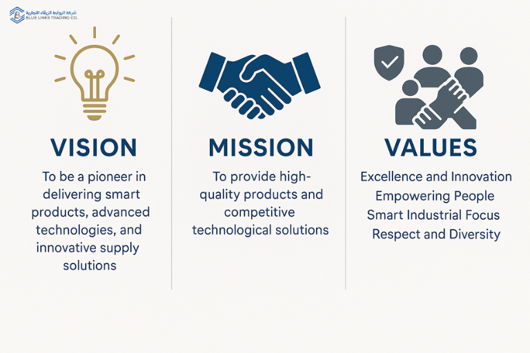 Infographic divided into three clean sections: Vision, Mission, and Values with relevant icons and text.