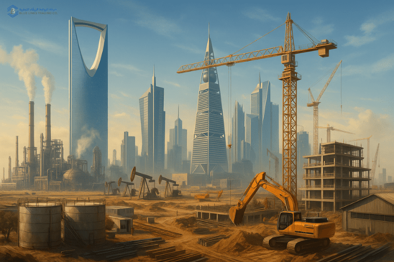 Futuristic Riyadh skyline with cranes, excavators, oil refinery, and modern construction under Vision 2030.