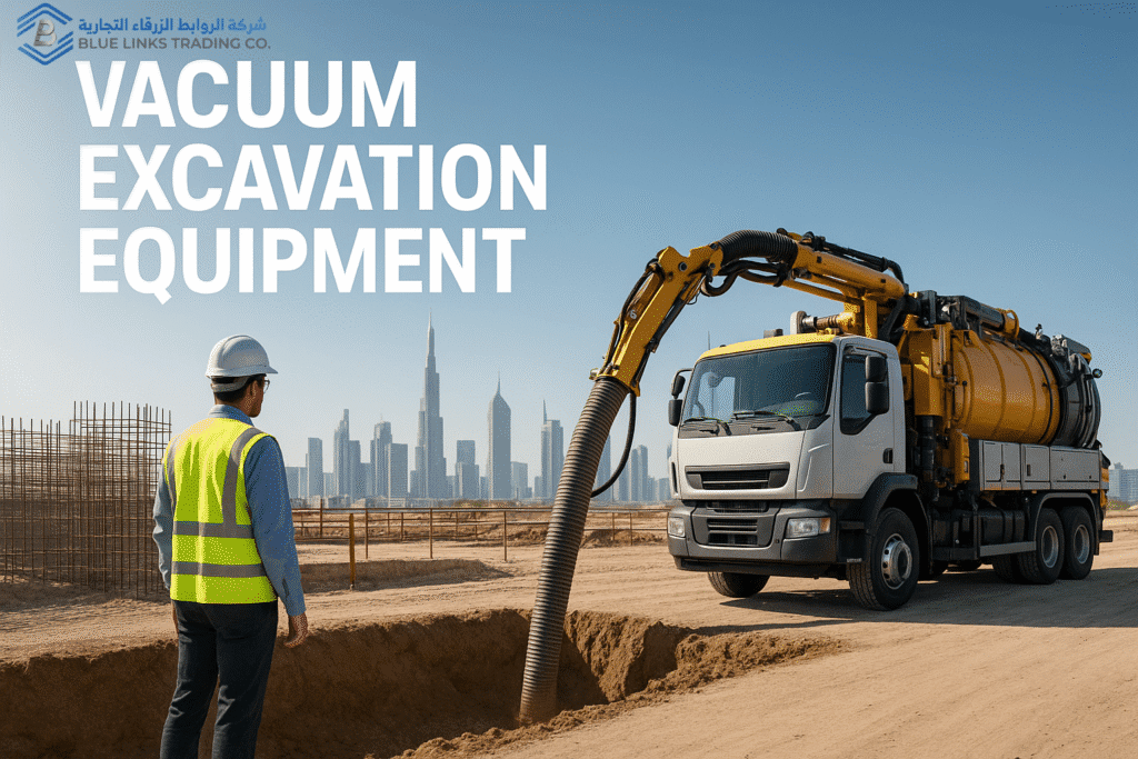Vacuum excavation truck on Saudi construction site with skyline.