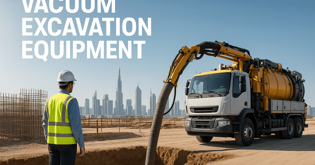 Vacuum excavation truck on Saudi construction site with skyline.