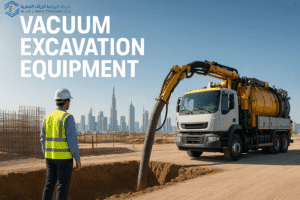 Vacuum excavation truck on Saudi construction site with skyline.