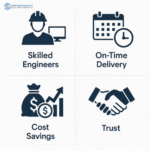 Clean infographic showing icons for skilled engineers, on-time delivery, cost savings, and trust.Title: Competitive Advantages