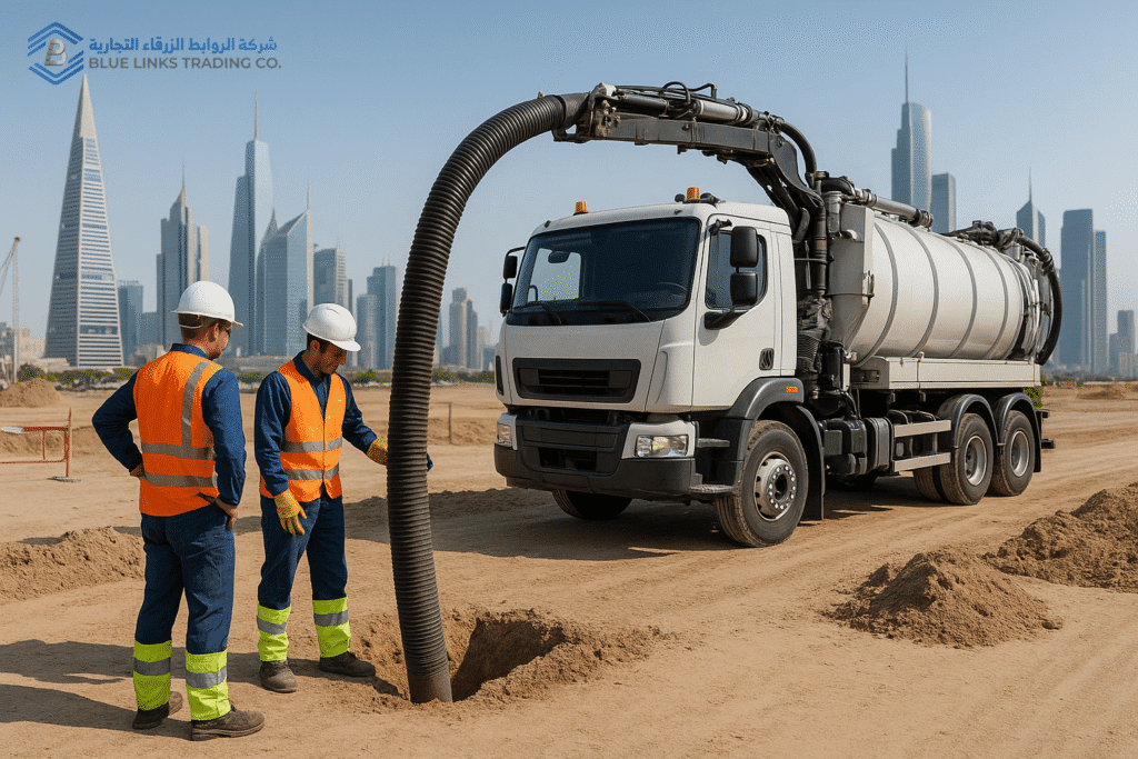 Engineers monitoring vacuum excavation equipment in urban site.