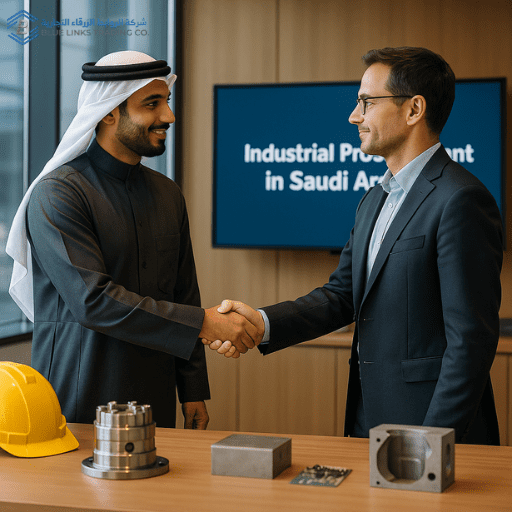 Saudi and international engineers shaking hands inside Blue Links Trading Co. office.