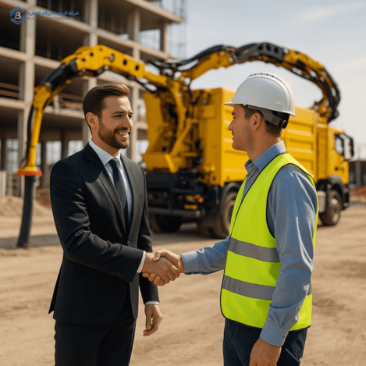 Businessman shaking hands with engineer in front of MTS excavator