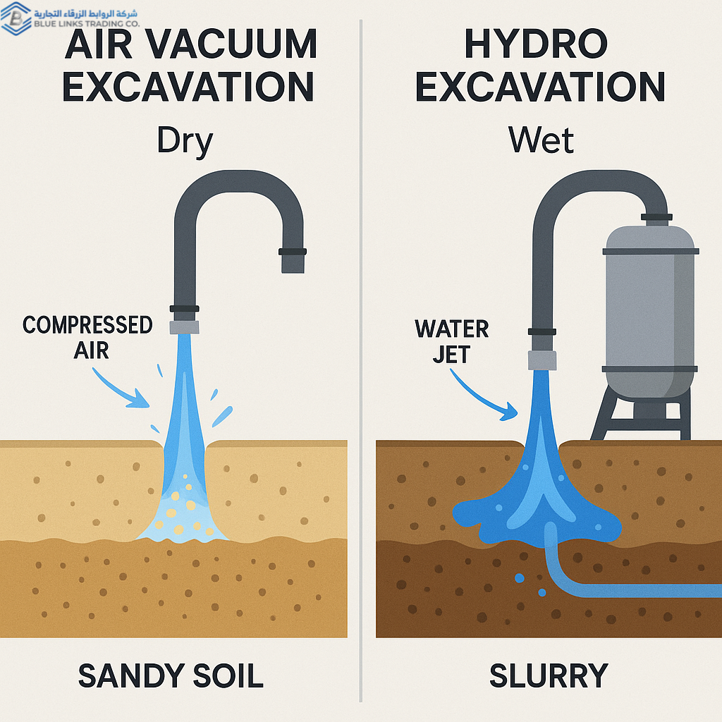 Infographic comparing air and hydro vacuum excavation methods.