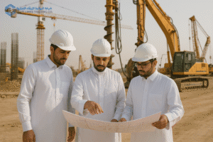 مهندسون سعوديون يراجعون مخططاً في موقع بناء.