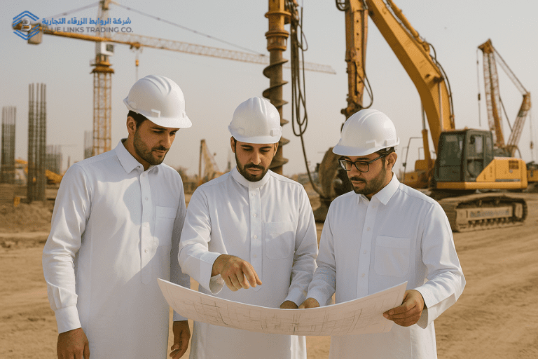 مهندسون سعوديون يراجعون مخططاً في موقع بناء.
