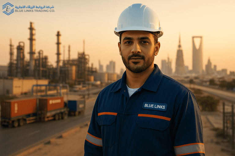 Saudi engineer representing Blue Links Trading Co. with industrial background and Riyadh skyline.Industrial Procurement in Saudi Arabia