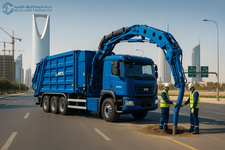 Industrial Procurement in Saudi Arabia | Blue Links Engineers in Saudi Arabia reviewing project plans beside an MTS suction excavator representing Blue Links industrial procurement.