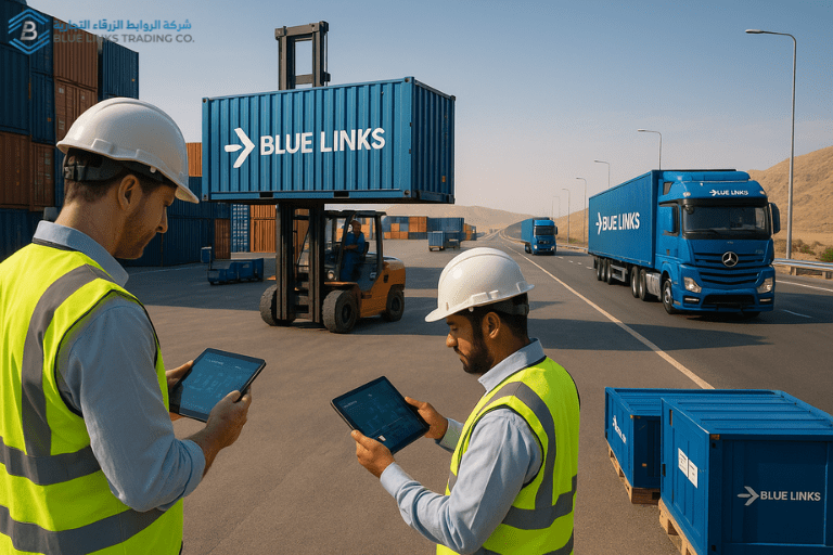 Blue Links engineers inspecting materials at a Saudi mega-project construction site.