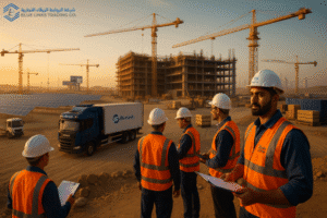 Blue Links engineers inspecting materials at a Saudi mega-project construction site.