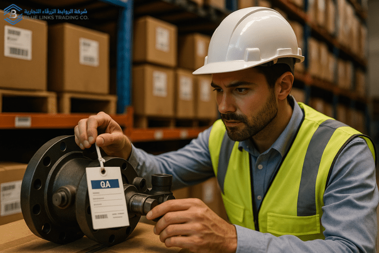 Engineer inspecting industrial materials inside Blue Links warehouse in Saudi Arabia.