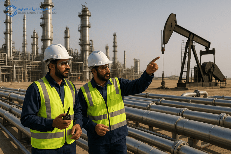 مهندسان في موقع منشأة نفط وغاز.