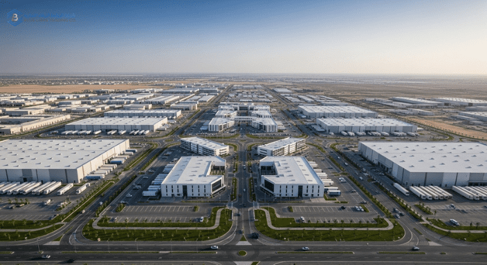 منظر جوي سينمائي للمناطق الصناعية في السعودية يعبر عن النمو والتحول ضمن رؤية 2030.