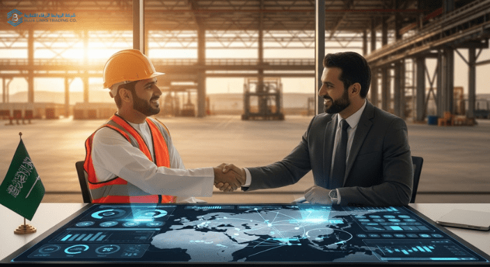 Engineers and logistics managers shaking hands over digital supply chain dashboard in a Saudi industrial setting.