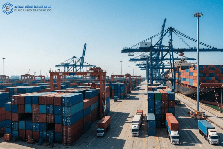Busy industrial port facing supply delays with containers, cranes, and ships