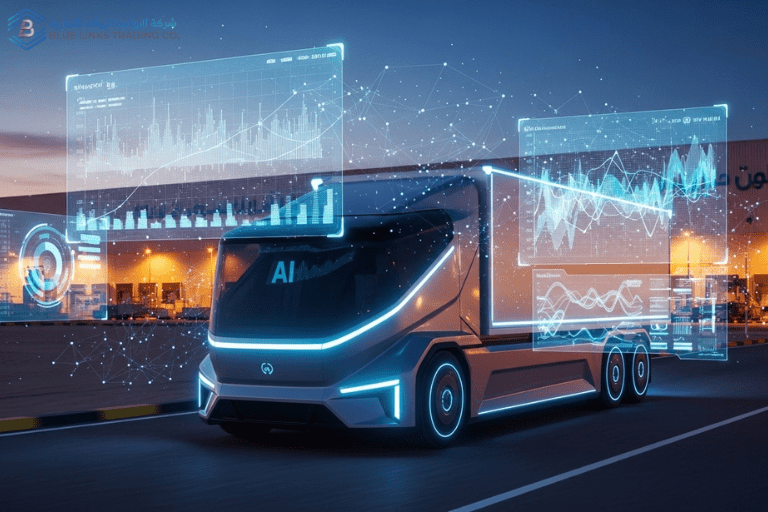 Futuristic smart logistics vehicle operating autonomously in a Saudi industrial site Supply Chain Management 