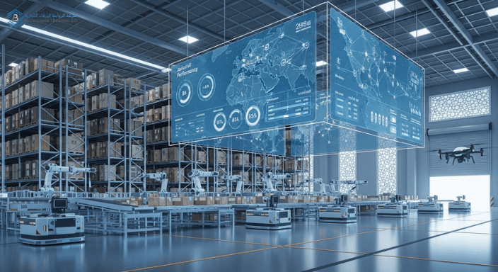 High-tech warehouse automation and delivery tracking in a Saudi logistics center.