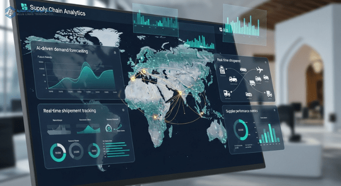 Digital interface showing AI-driven supply chain analytics and real-time tracking dashboards.