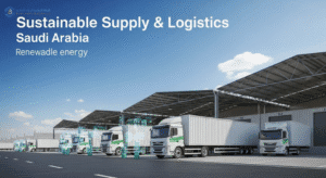 مرافق لوجستية مستدامة تعمل بالطاقة المتجددة ضمن بيئة صناعية سعودية حديثة.