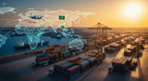 خريطة توضح مسارات التجارة العالمية بين السعودية والعالم.