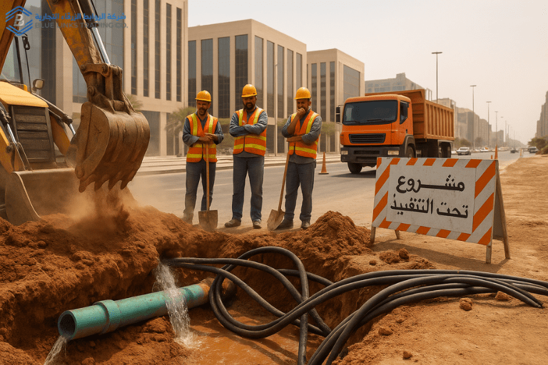 موقع حفر تقليدي في السعودية يظهر أنابيب وكابلات متضررة وعمال يرتدون سترات أمان مع حفارة ثقيلة
