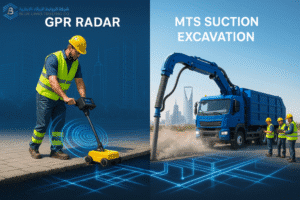 تقنية الرادار المخترق للأرض GPR بجانب شاحنة الحفر بالشفط MTS مع عرض شبكات تحت الأرض بشكل رقمي
