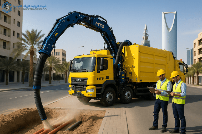 شاحنة MTS صفراء تعمل بأمان في أحد شوارع الرياض مع مهندسين سعوديين يشرفون على العمل باستخدام أجهزة لوحية