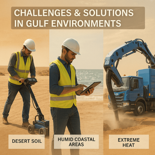 مهندسون سعوديون يختبرون دقة GPR ويشغلون معدات MTS في بيئات خليجية مختلفة تشمل تربة صحراوية ومناطق رطبة وحرارة مرتفعة