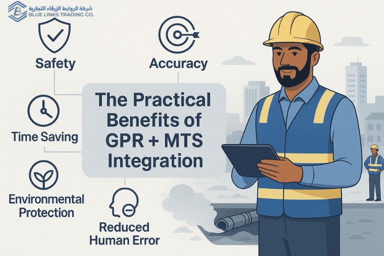 إنفوغرافيك يوضح الفوائد العملية لتكامل GPR وMTS مثل الأمان والدقة وتوفير الوقت وحماية البيئة وتقليل الأخطاء البشرية