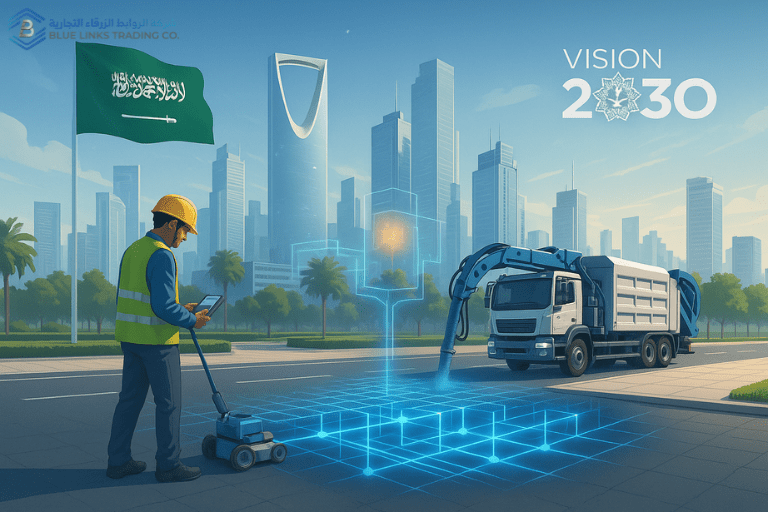 مدينة سعودية مستقبلية تمثل رؤية 2030 مع علم المملكة وتقنيات GPR وMTS تعمل ضمن بنية تحتية ذكية