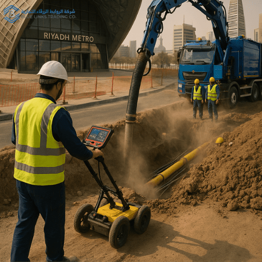Engineers using GPR and MTS suction excavation at Riyadh Metro construction site to safely expose underground utilities in Saudi Arabia.