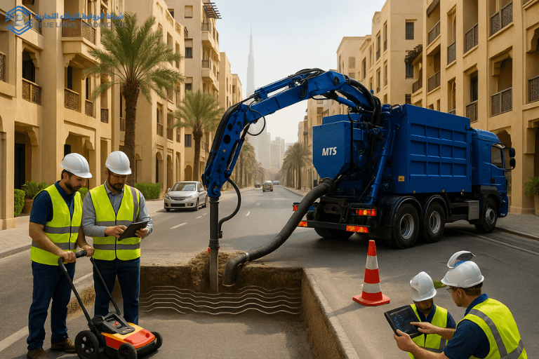 Engineers using GPR scanning equipment with an MTS suction excavator on a narrow Dubai street during maintenance operations.