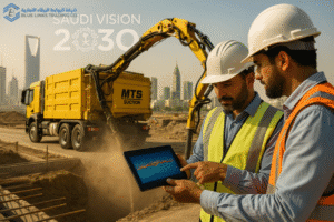 Engineers analyzing GPR data on a tablet beside an MTS suction excavation truck in Riyadh, Saudi Arabia, with the Saudi Vision 2030 skyline in the background.