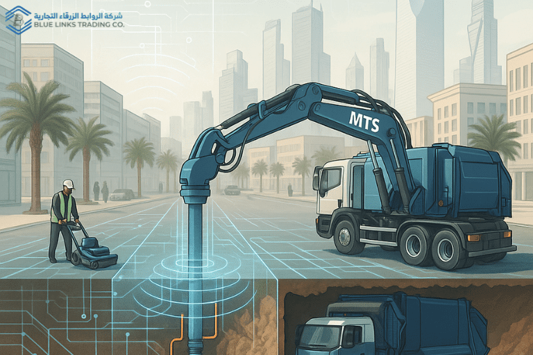 Digital illustration showing MTS suction excavation integrated with GPR scanning in a futuristic smart city environment in Saudi Arabia.
