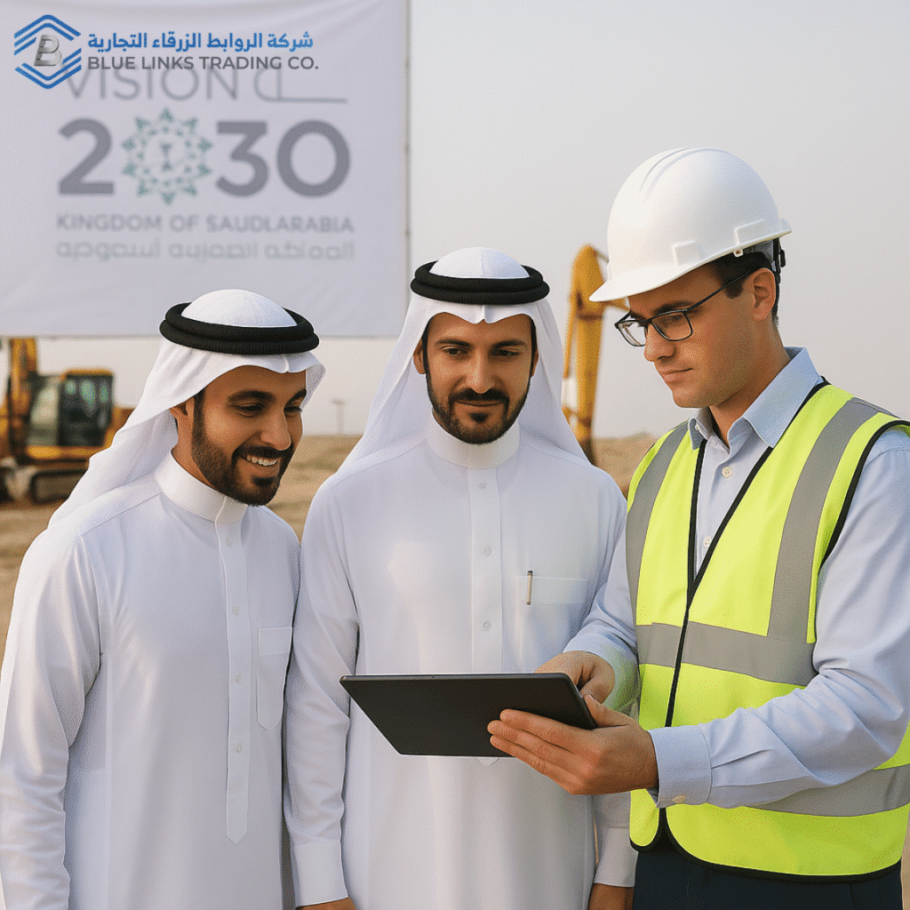 مهندسون سعوديون ودوليون يتفقدون معدات بنية تحتية ذكية في موقع بناء تحت شعار رؤية السعودية 2030.