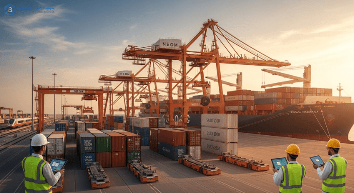 Modern Saudi port with cranes and containers under Vision 2030.