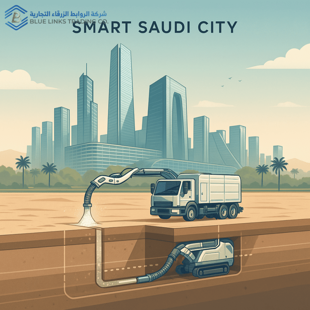 تصميم مستقبلي لمدينة سعودية ذكية على طراز ذا لاين (The Line)، يُظهر طبقات تحت أرضية شفافة تضم شبكات المرافق التي تتم صيانتها بتقنيات الحفر بالهواء والشفط. تقنية الحفر غير التقليدي في السعودية