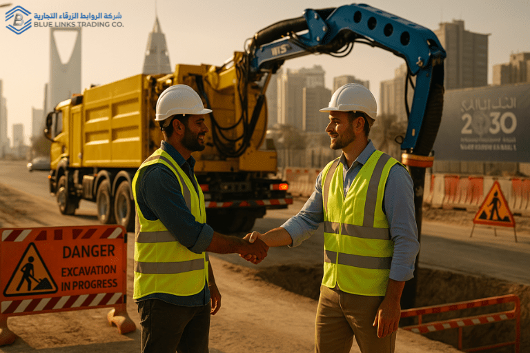 Two engineers shaking hands beside an MTS suction excavation truck on a Riyadh construction site, with Saudi Vision 2030 banner in the background.