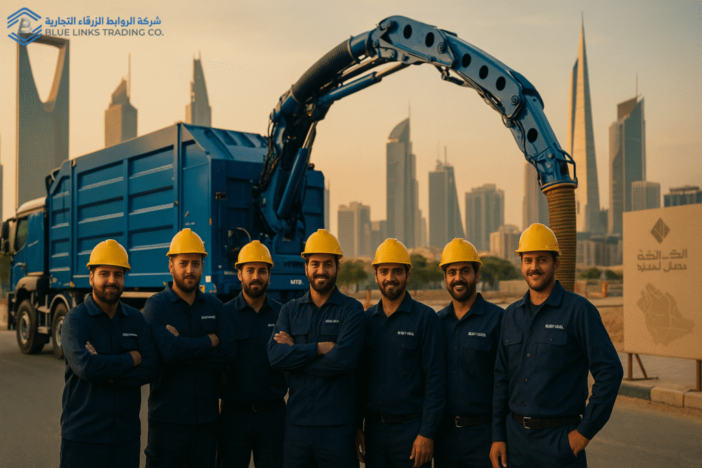 فريق المهندسين من شركة الروابط الزرقاء التجارية يقف أمام حفارة شفط MTS في أحد مشاريع البنية التحتية الذكية بالمملكة العربية السعودية.