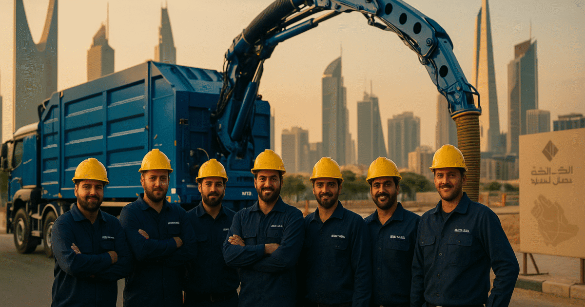 فريق المهندسين من شركة الروابط الزرقاء التجارية يقف أمام حفارة شفط MTS في أحد مشاريع البنية التحتية الذكية بالمملكة العربية السعودية.