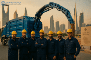 فريق المهندسين من شركة الروابط الزرقاء التجارية يقف أمام حفارة شفط MTS في أحد مشاريع البنية التحتية الذكية بالمملكة العربية السعودية.