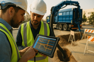 Engineers analyzing underground utility data on a GPR tablet beside an MTS Suction Excavator at a Saudi construction site.