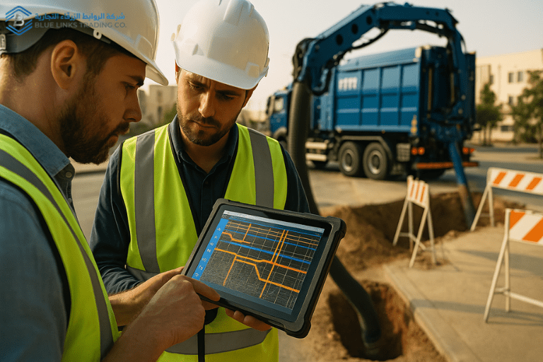 Engineers analyzing underground utility data on a GPR tablet beside an MTS Suction Excavator at a Saudi construction site.