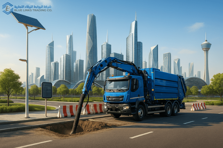 MTS Suction Excavator operating in a futuristic Saudi smart city under bright daylight with solar-powered streetlights and advanced infrastructure.
